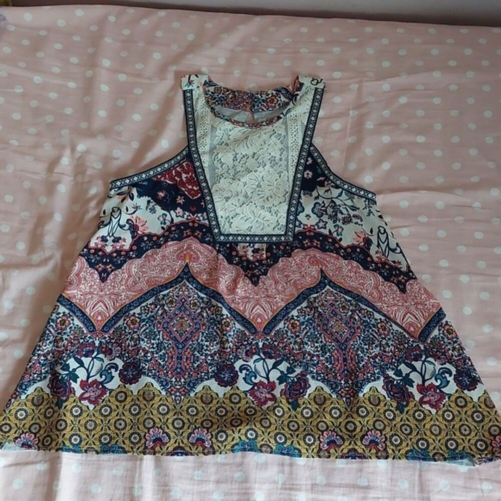 JOLT Boho Multi Print Lace Front Swing Style Tank Top Size S NWT JEW45663OD